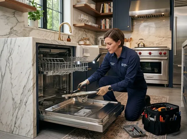 Appliance Repair Hero technician servicing a built-in dishwasher in a Antelope, CA kitchen