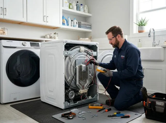 Appliance Repair Hero technician checking a dryer heating element with the rear panel off in Antelope, CA