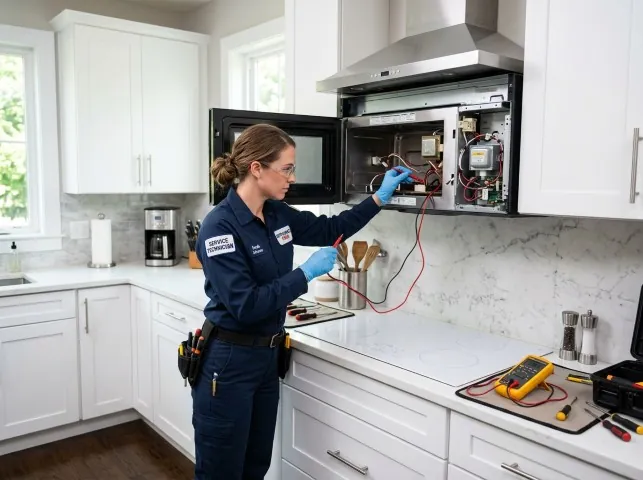 Appliance Repair Hero technician testing an over-the-range microwave in a Antelope, CA kitchen