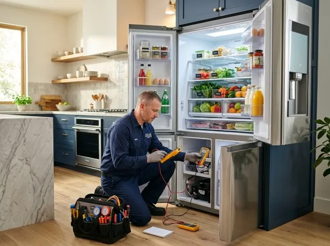 Appliance Repair Hero refrigerator technician testing a fridge on a Antelope, CA service call