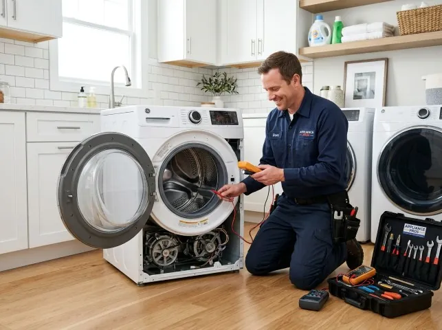Appliance Repair Hero technician testing a front-load washer with a multimeter on a Antelope, CA service call